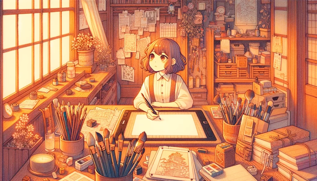 A warm-colored pencil-style illustration featuring a beautiful young anime girl character who is sitting in the middle of her room, surrounded by various creative tools like paintbrushes, notebooks, and a digital tablet. Despite the abundance of resources, she stares at a blank piece of paper on her desk, embodying the dilemma of having too many choices and no clear action plan. Her expression is one of contemplation and slight frustration, capturing the moment of trying to decide the first step in her creative journey. The room is bathed in soft light, emphasizing a cozy yet slightly chaotic creative space.