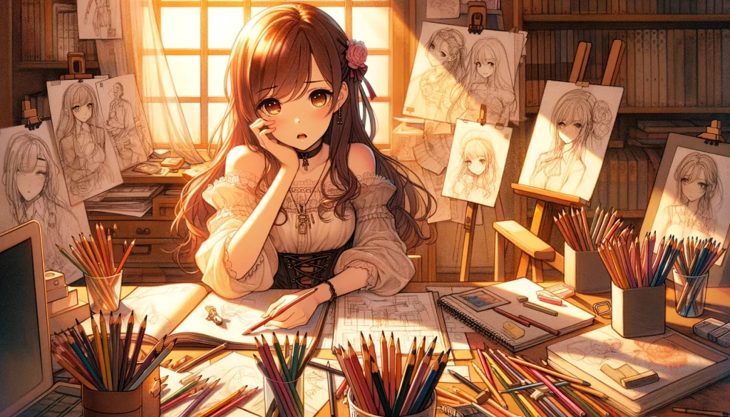 A warm-colored pencil-style illustration featuring a beautiful young anime girl character who is sitting in front of a desk, surrounded by sketchbooks and colored pencils scattered around. The room is filled with warm sunlight streaming through a window, showcasing an outside view. Around her, sketches and notes of projects she intends to start are visible. Her expression reflects slight anxiety and a determination to make a decision, amidst the creative chaos of her environment. The scene captures a moment of hesitation in choosing which colored pencil to pick up for her creative endeavor.