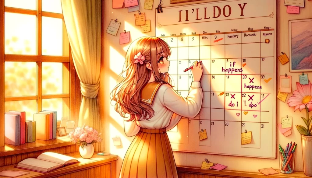 A warm-colored pencil-style illustration featuring a beautiful young anime girl character who is standing in front of a large calendar, writing plans with colorful pens. The phrase "If X happens, then I'll do Y" is visible on the calendar. The room is cozy, with several books and scattered notes in the corner, showing her dedication. Soft sunlight filters through a window, illuminating her efforts and creating a warm and inspiring atmosphere.